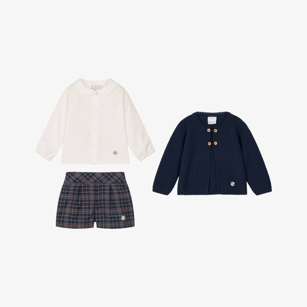 Artesanía Granlei-Boys Navy Blue Cardigan & Check Shorts Set | Childrensalon