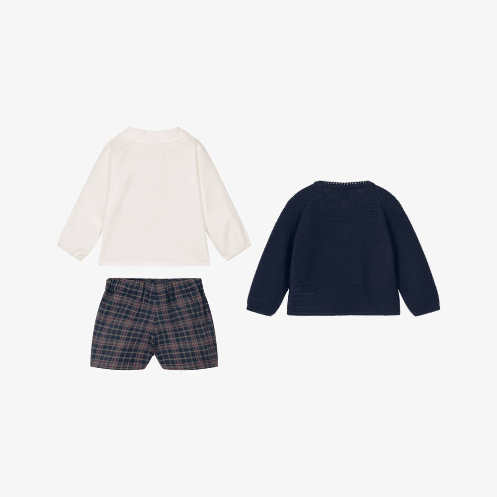 Artesanía Granlei-Boys Navy Blue Cardigan & Check Shorts Set | Childrensalon