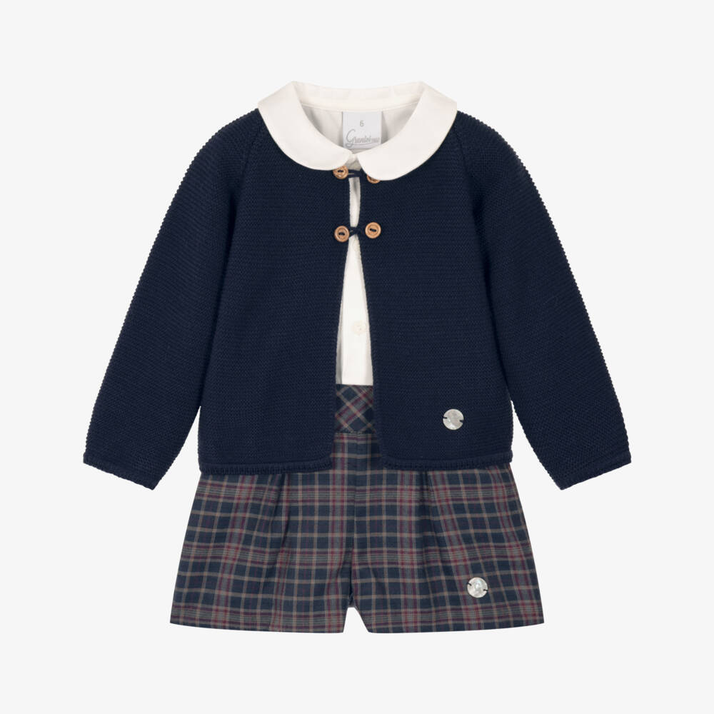 Artesanía Granlei-Boys Navy Blue Cardigan & Check Shorts Set | Childrensalon