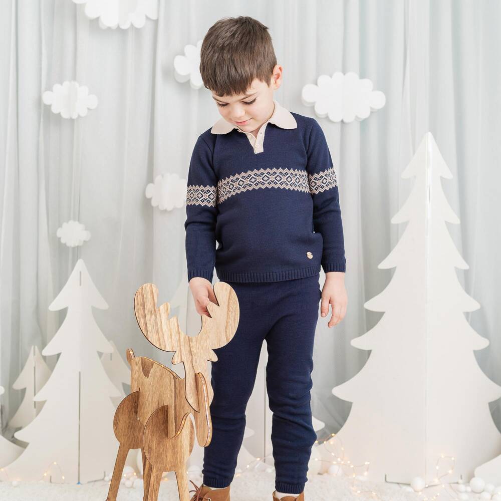 Artesanía Granlei-Boys Navy Blue Knitted Fair Isle Trouser Set | Childrensalon