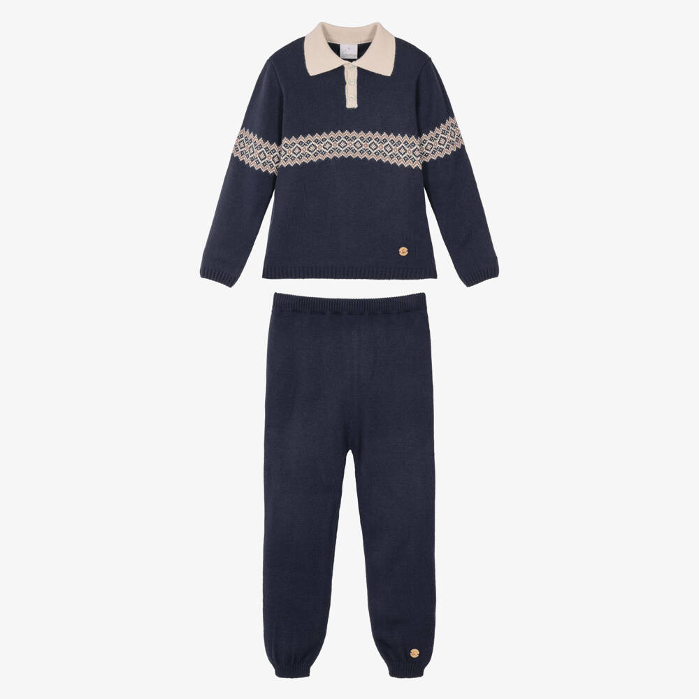 Artesanía Granlei-Boys Navy Blue Knitted Fair Isle Trouser Set | Childrensalon
