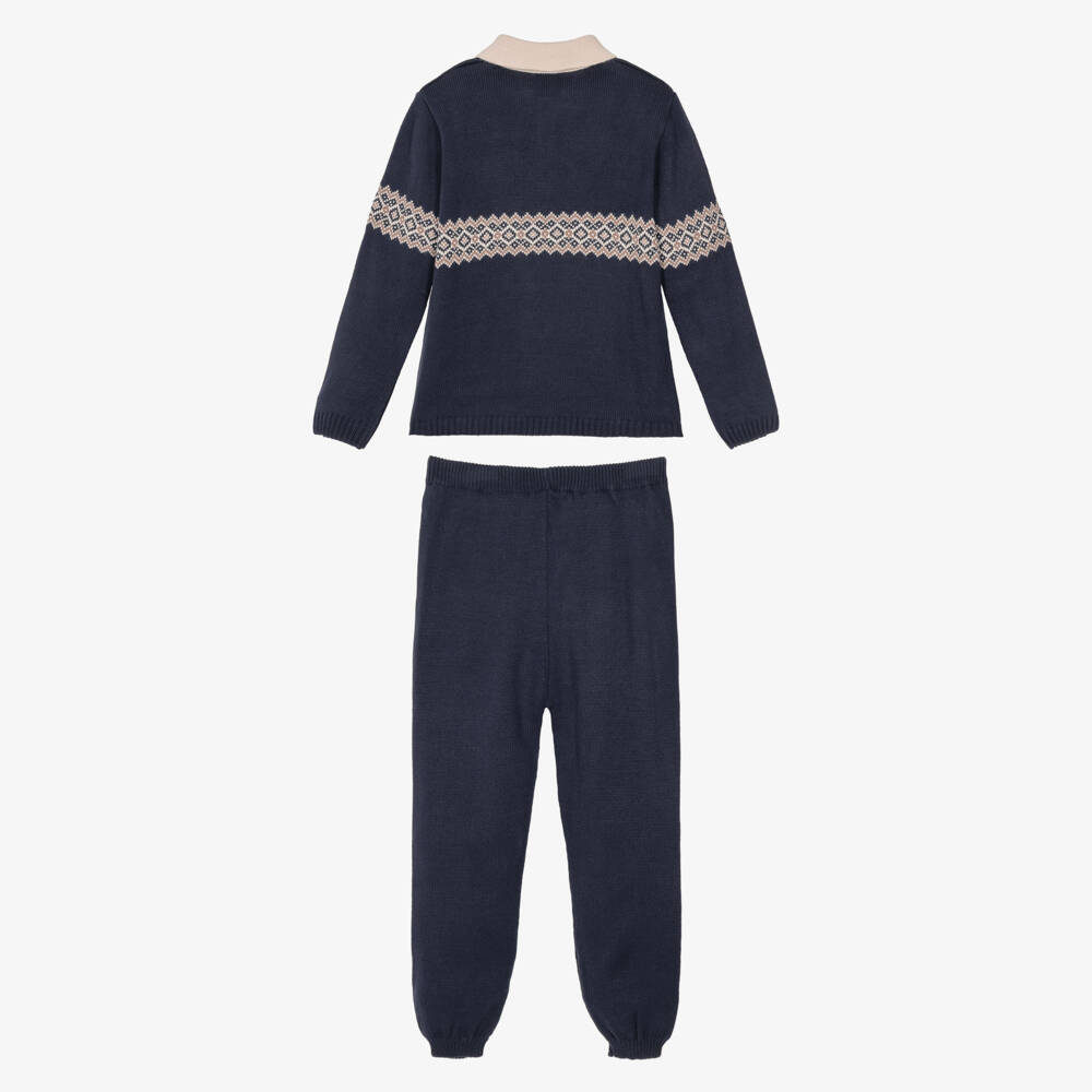 Artesanía Granlei-Boys Navy Blue Knitted Fair Isle Trouser Set | Childrensalon