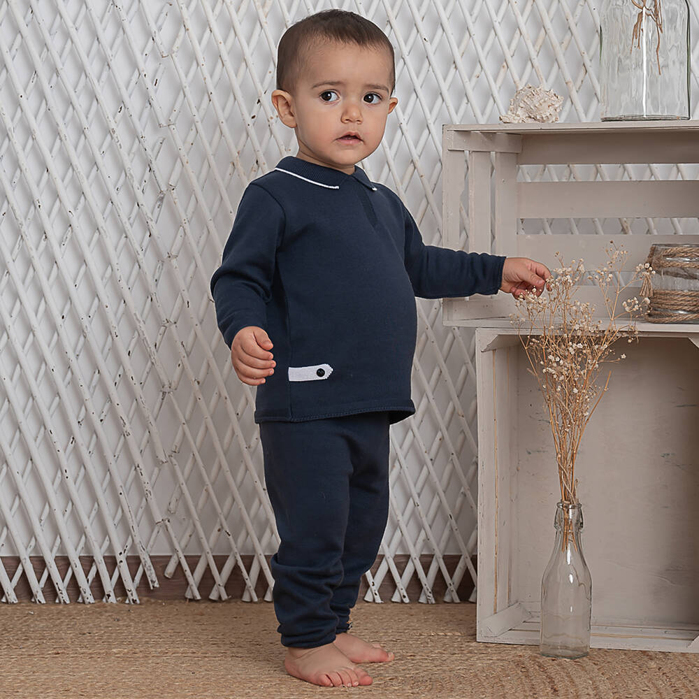 Artesanía Granlei-Boys Navy Blue Knitted Trouser Set | Childrensalon