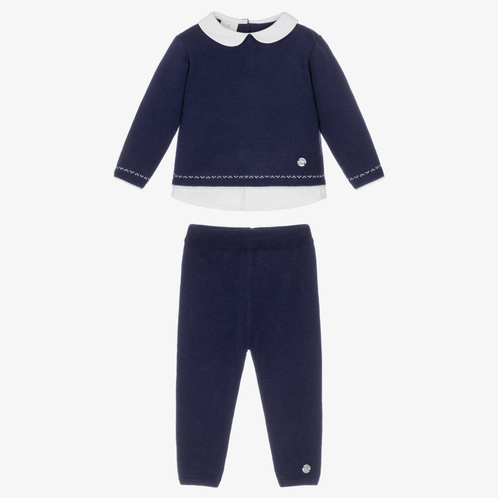 Artesanía Granlei-Boys Navy Blue Knitted Trouser Set with Collar | Childrensalon