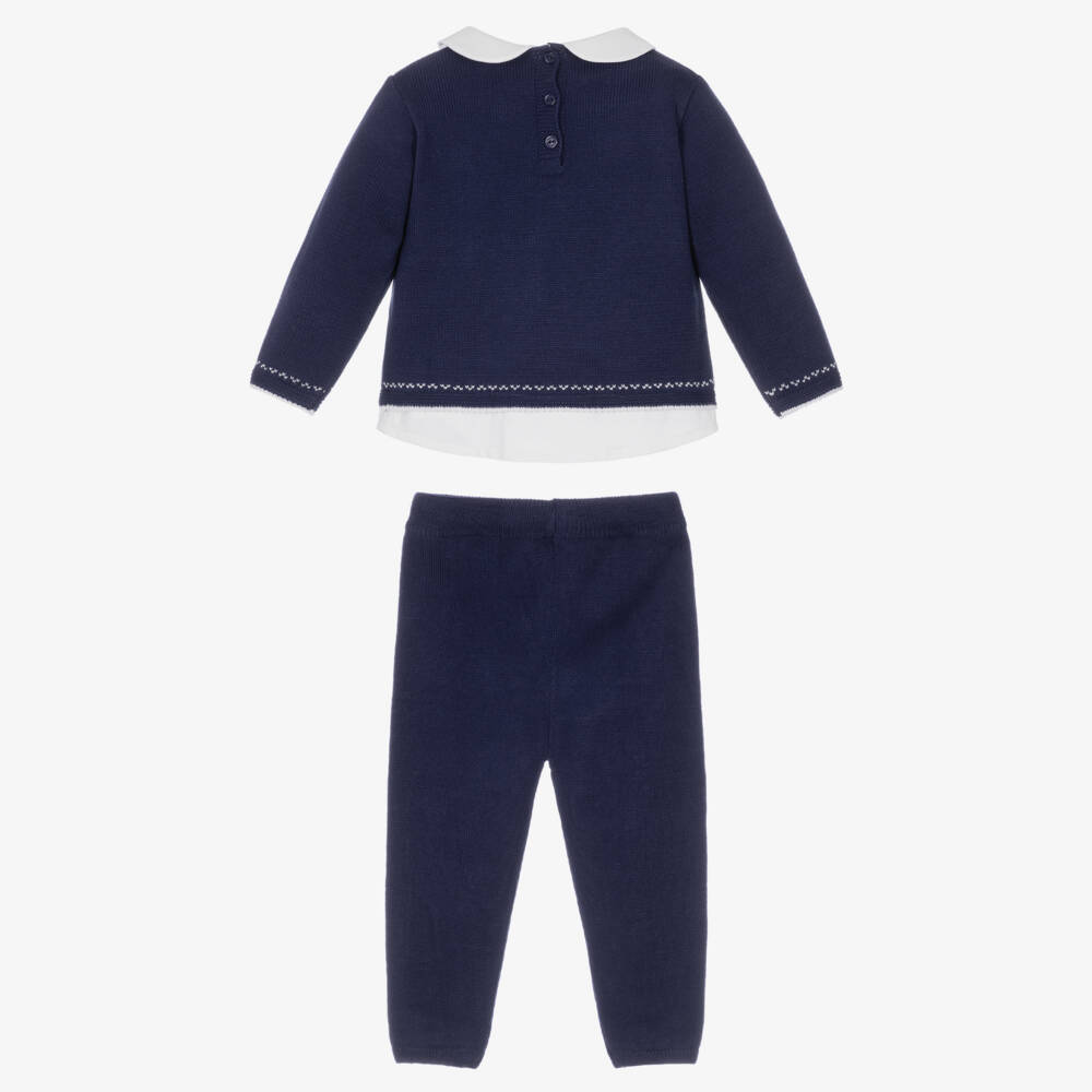 Artesanía Granlei-Boys Navy Blue Knitted Trouser Set with Collar | Childrensalon