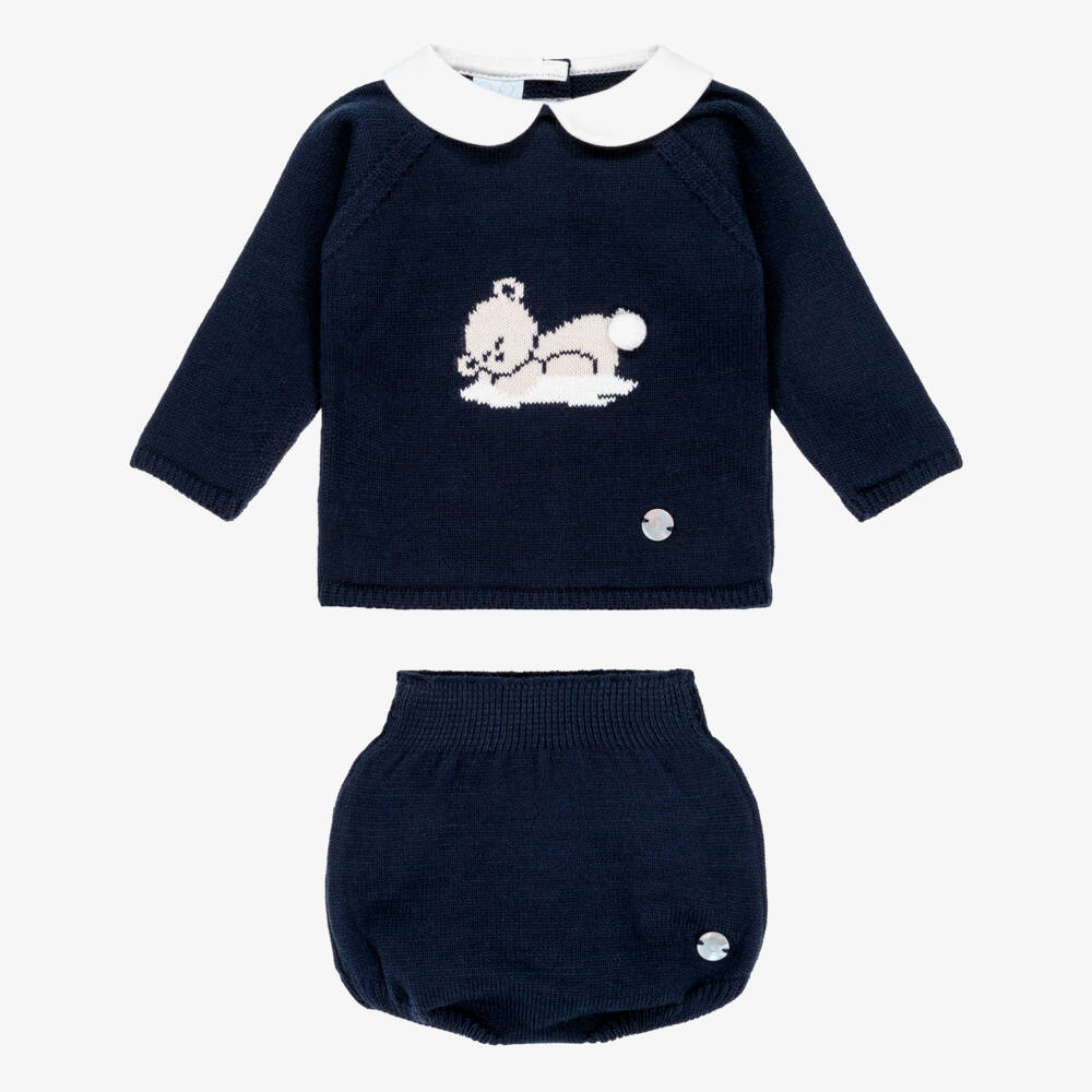 Artesanía Granlei-Boys Navy Blue Teddy Bear Knitted Shorts Set | Childrensalon