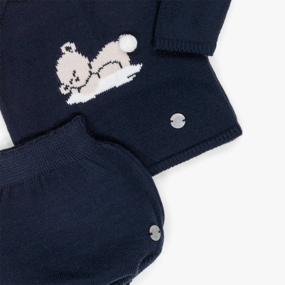 Artesanía Granlei-Boys Navy Blue Teddy Bear Knitted Shorts Set | Childrensalon