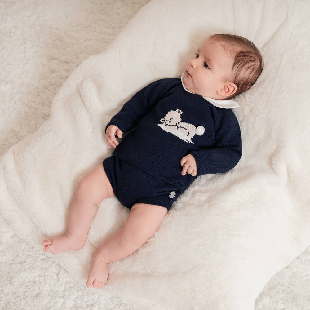 Artesanía Granlei-Boys Navy Blue Teddy Bear Knitted Shorts Set | Childrensalon
