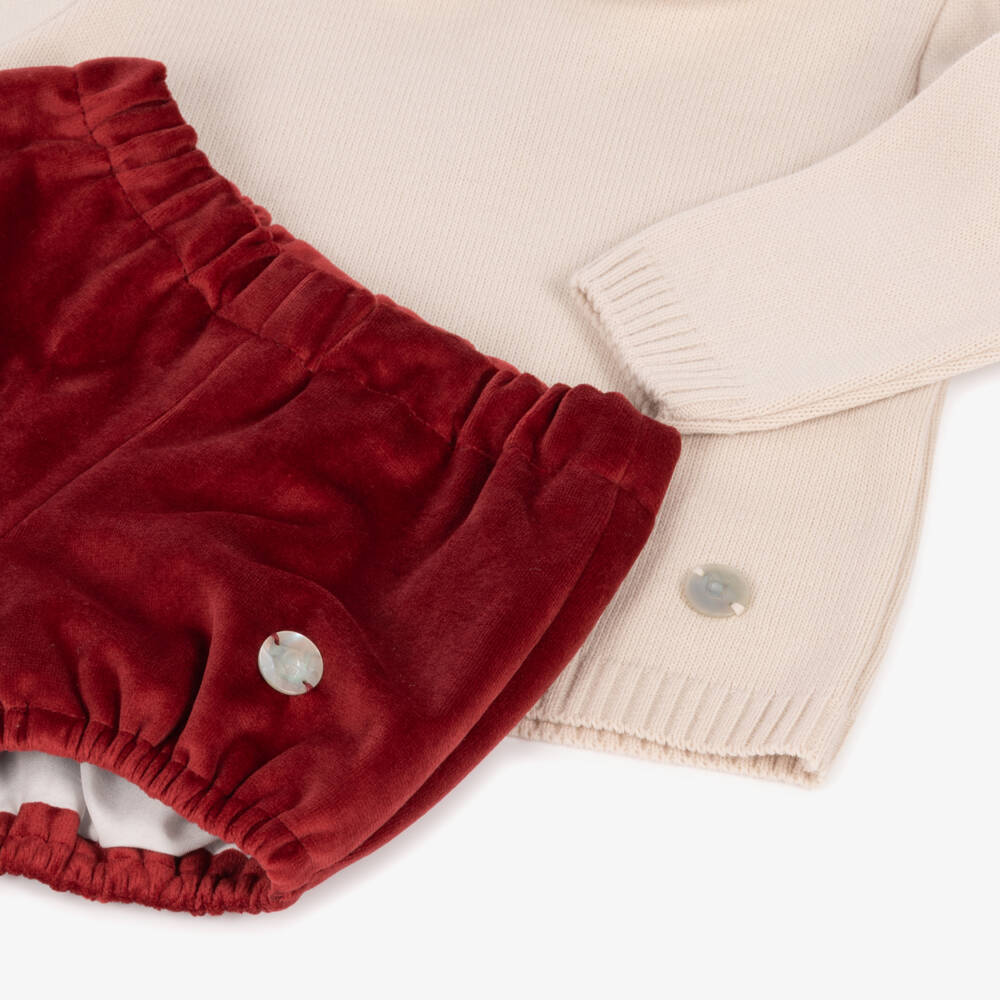 Artesanía Granlei-Boys Pale Beige & Burgundy Velvet Shorts Set | Childrensalon