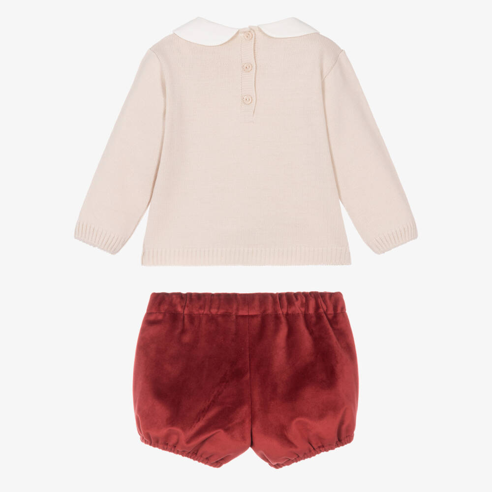 Artesanía Granlei-Boys Pale Beige & Burgundy Velvet Shorts Set | Childrensalon