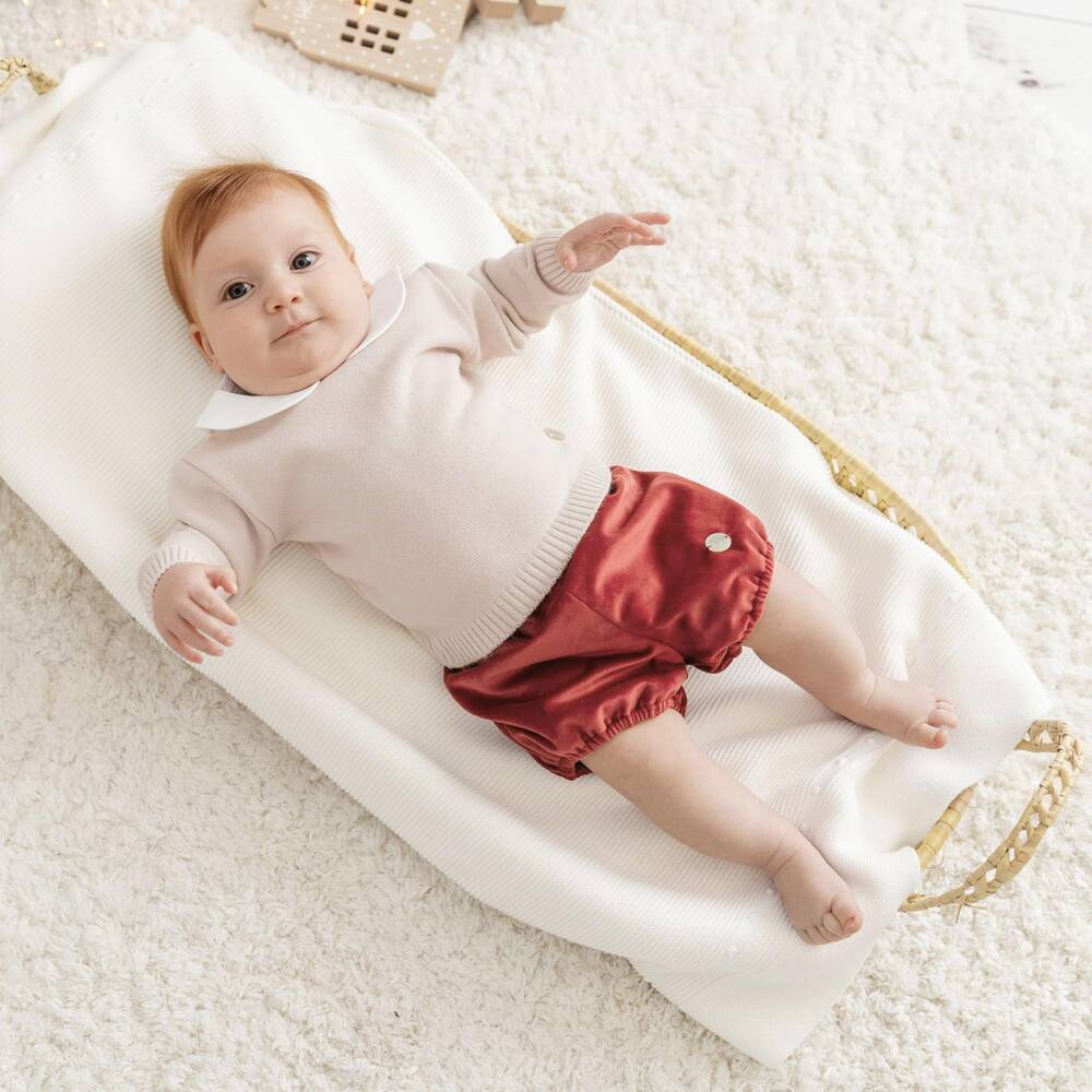Artesanía Granlei-Boys Pale Beige & Burgundy Velvet Shorts Set | Childrensalon