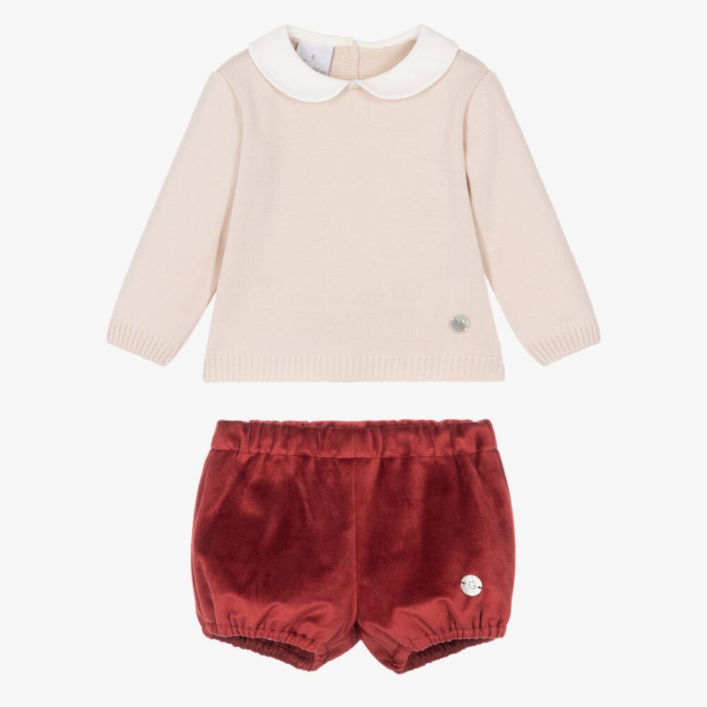 Artesanía Granlei-Boys Pale Beige & Burgundy Velvet Shorts Set | Childrensalon