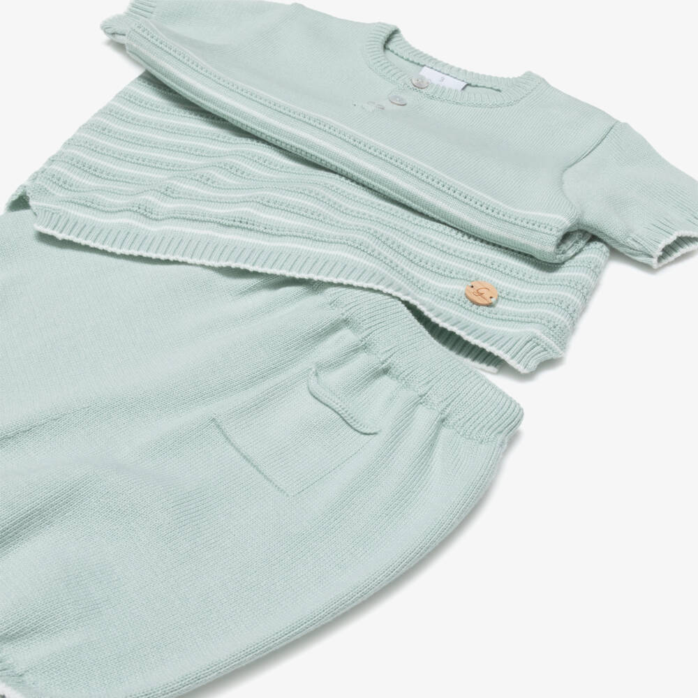 Artesanía Granlei-Boys Pale Green Striped Knitted Shorts Set | Childrensalon