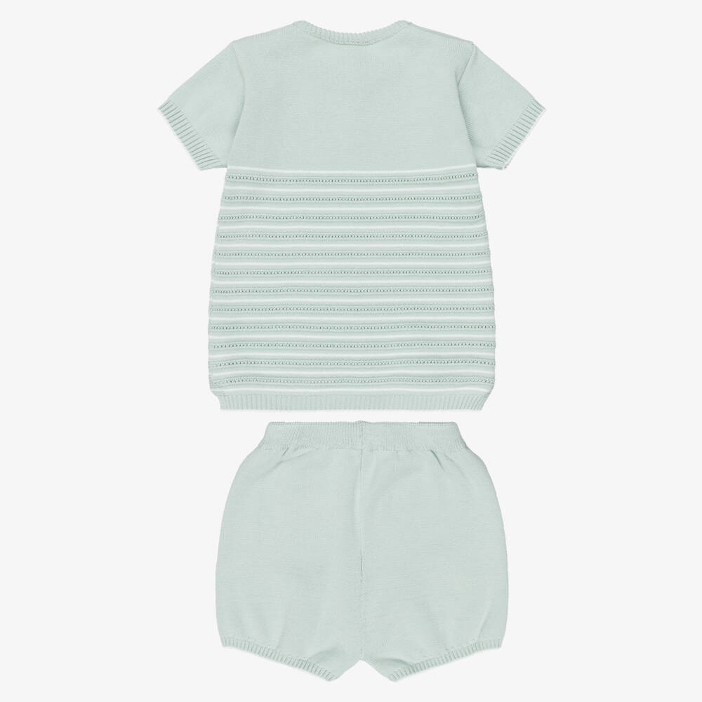 Artesanía Granlei-Boys Pale Green Striped Knitted Shorts Set | Childrensalon