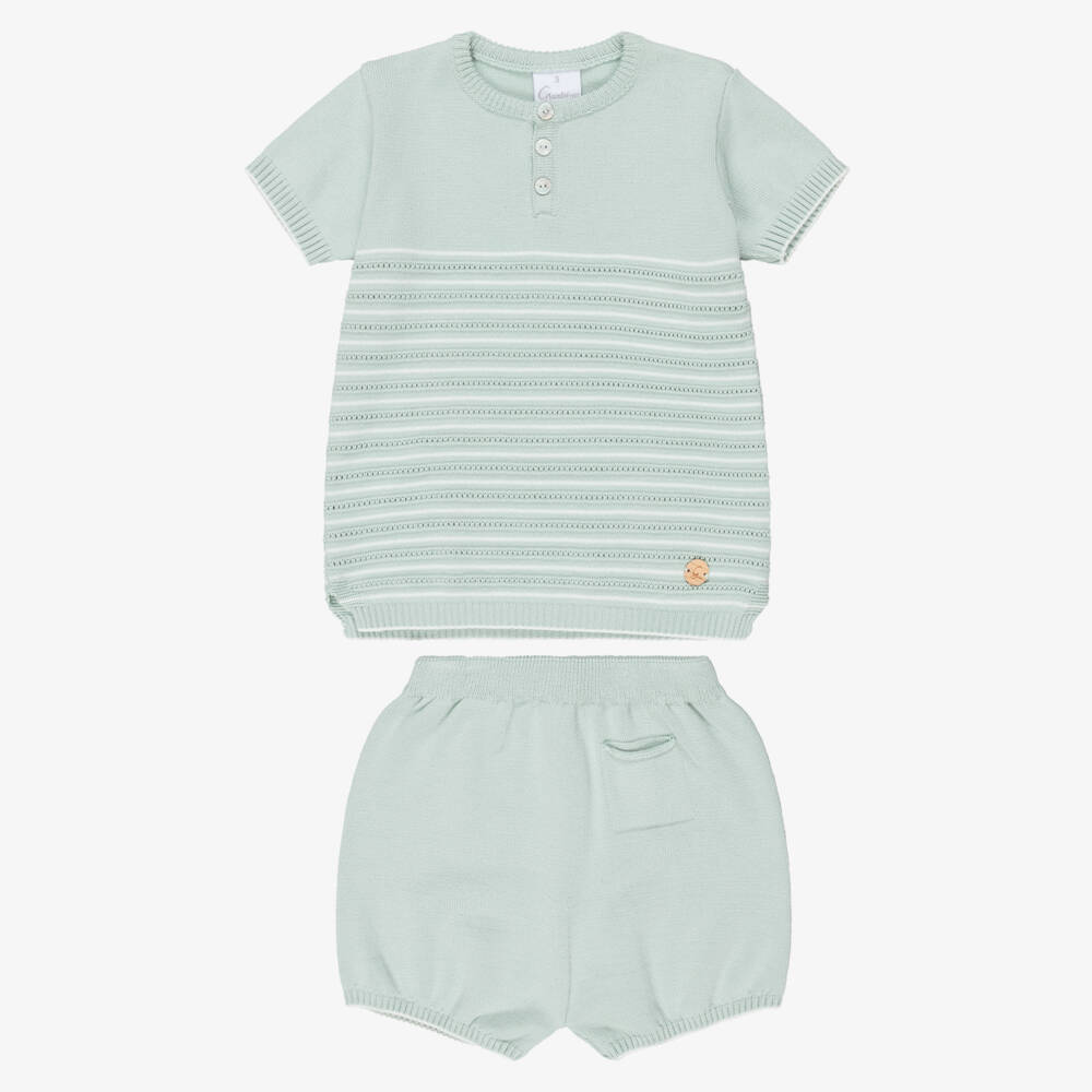 Artesanía Granlei-Boys Pale Green Striped Knitted Shorts Set | Childrensalon