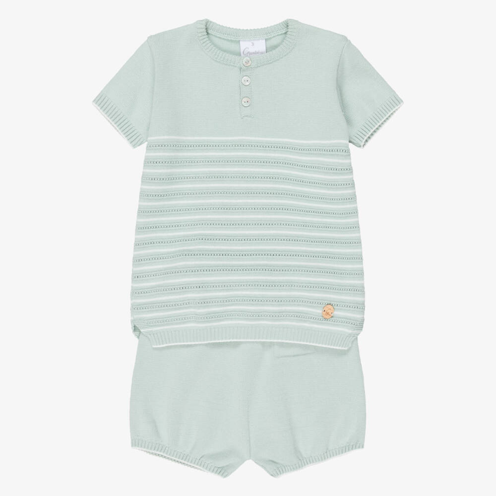 Artesanía Granlei-Boys Pale Green Striped Knitted Shorts Set | Childrensalon