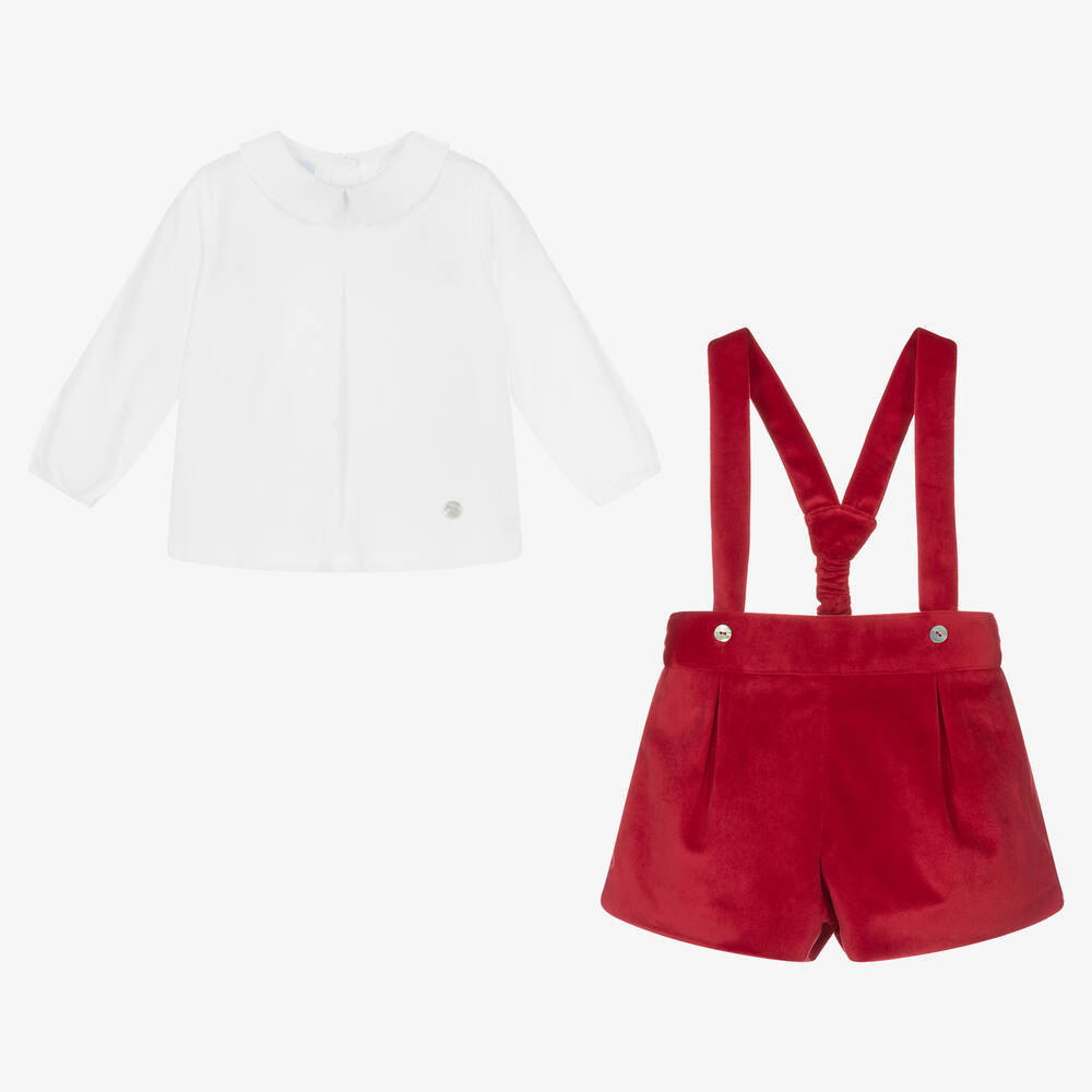 Artesanía Granlei-طقم شورت قطن تويل ومخمل لون أحمر للأولاد | Childrensalon