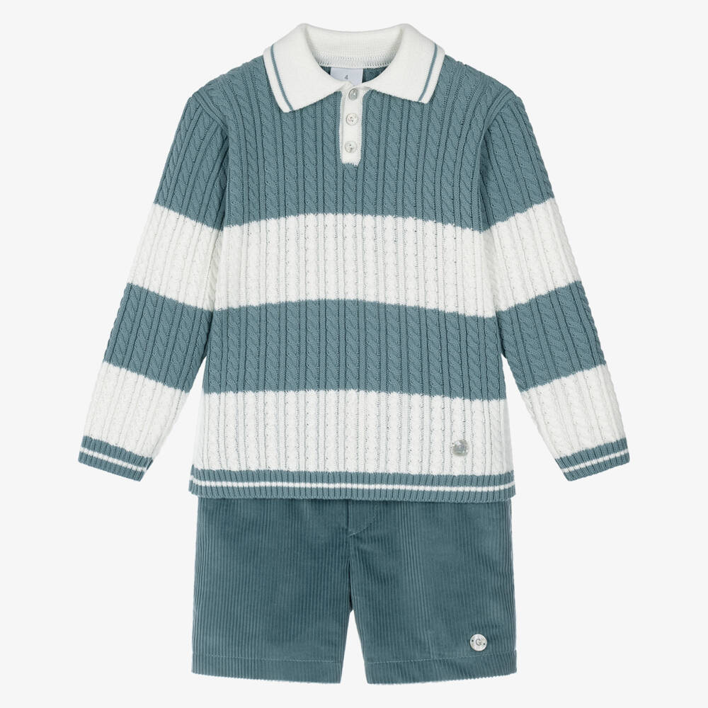 Artesanía Granlei-Boys Teal Blue Sweater & Corduroy Shorts Set | Childrensalon