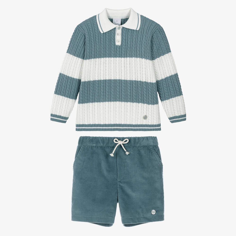 Artesanía Granlei-Boys Teal Blue Sweater & Corduroy Shorts Set | Childrensalon