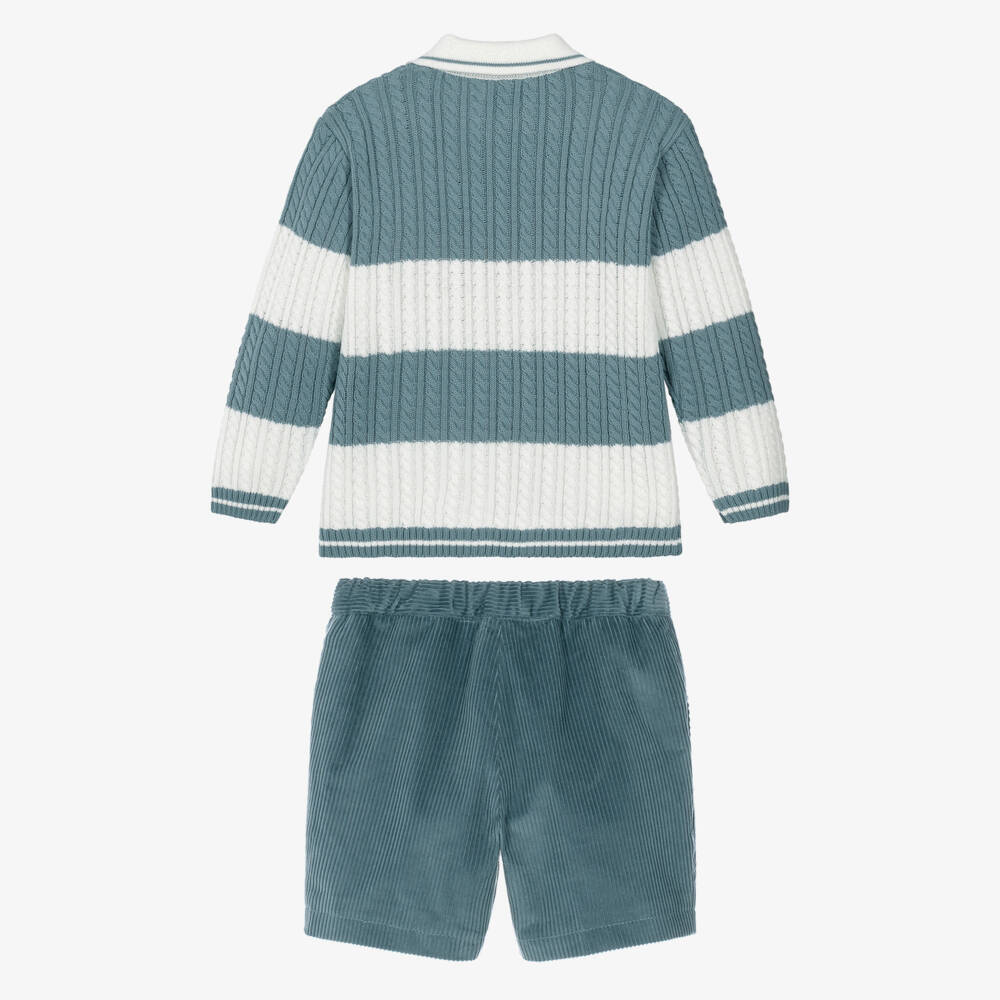 Artesanía Granlei-Boys Teal Blue Sweater & Corduroy Shorts Set | Childrensalon