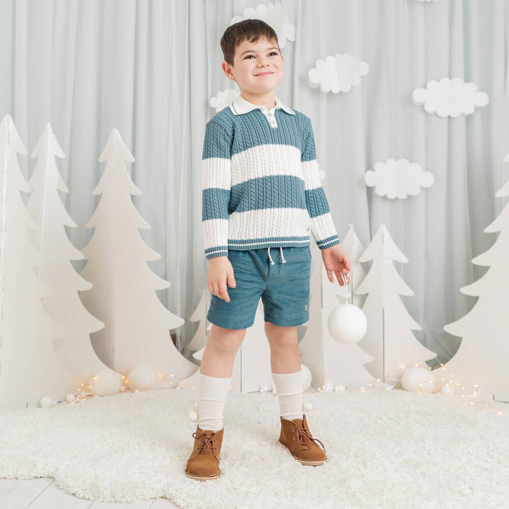 Artesanía Granlei-Boys Teal Blue Sweater & Corduroy Shorts Set | Childrensalon