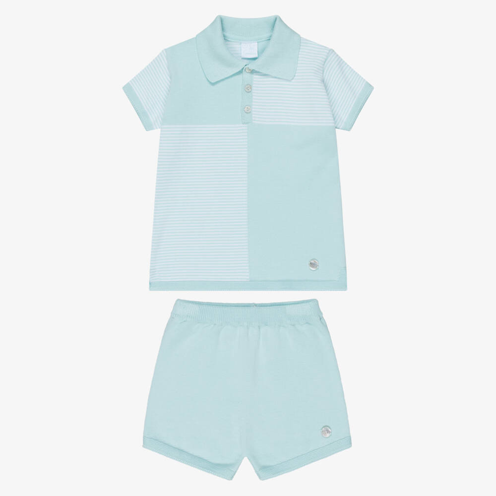 Artesanía Granlei-Boys Turquoise Blue Knitted Polo Shorts Set | Childrensalon