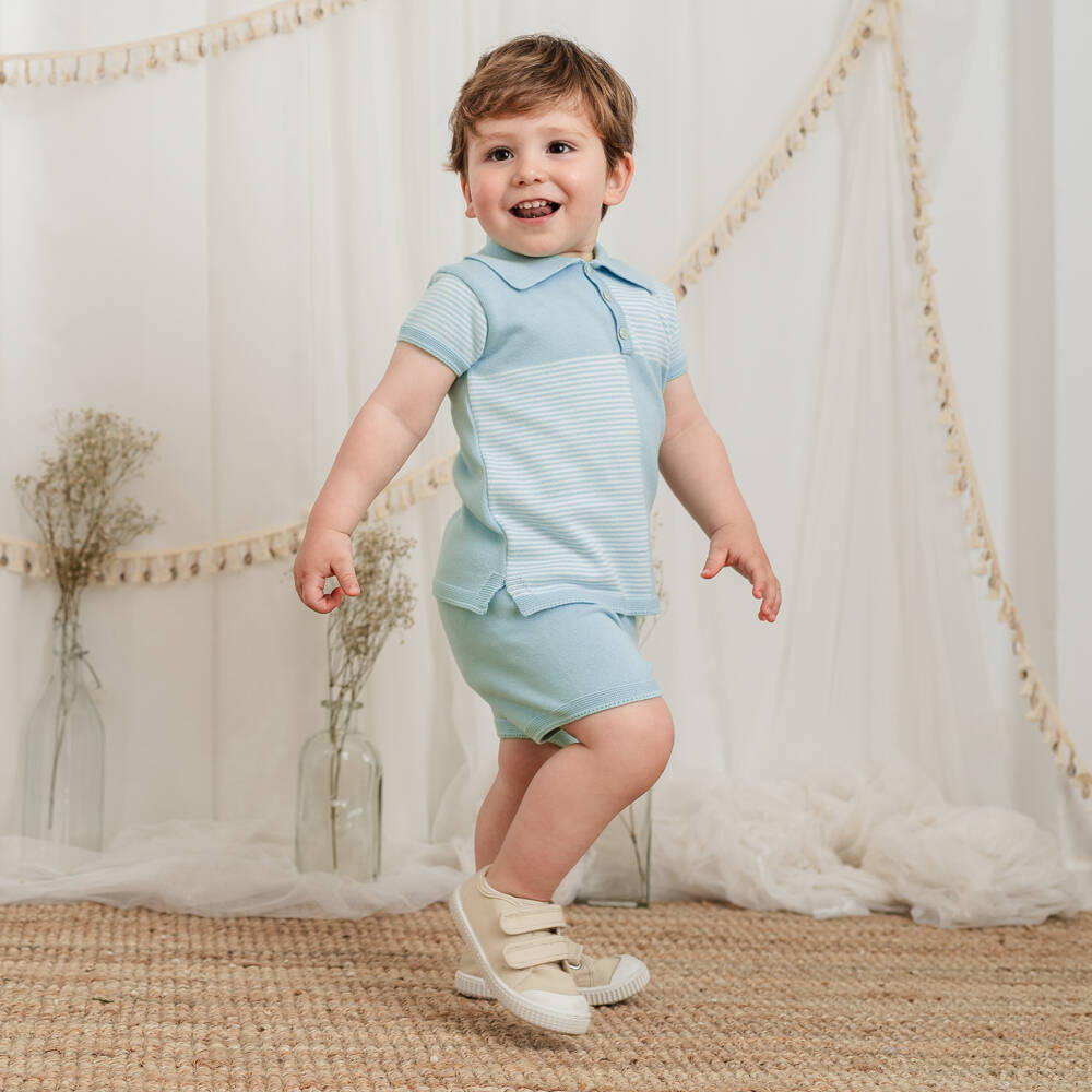 Artesanía Granlei-Boys Turquoise Blue Knitted Polo Shorts Set | Childrensalon