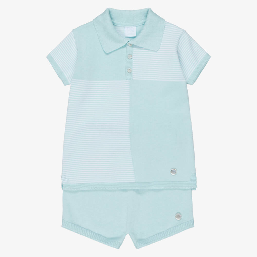 Artesanía Granlei-Boys Turquoise Blue Knitted Polo Shorts Set | Childrensalon