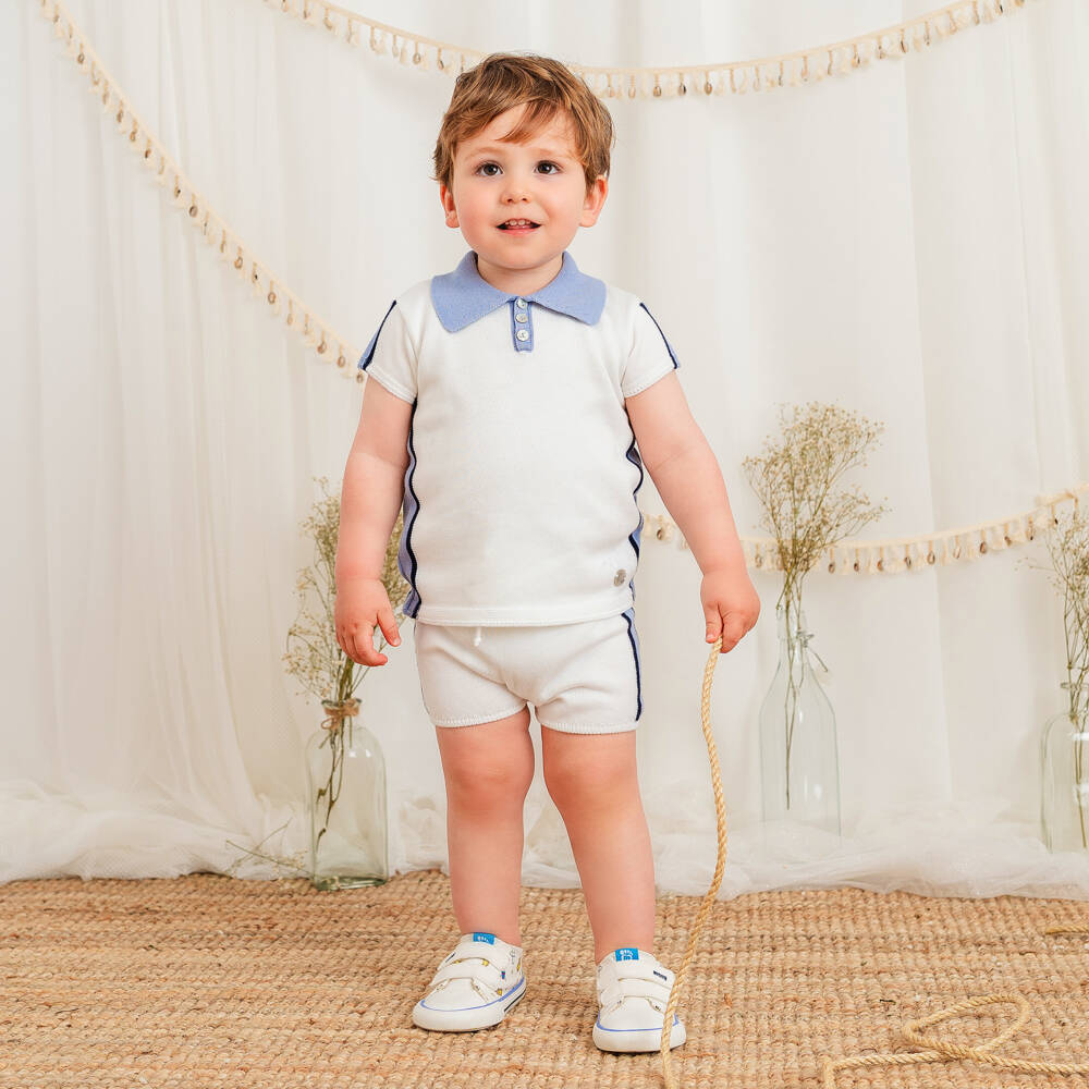 Artesanía Granlei-Boys White & Blue Knitted Shorts Set | Childrensalon