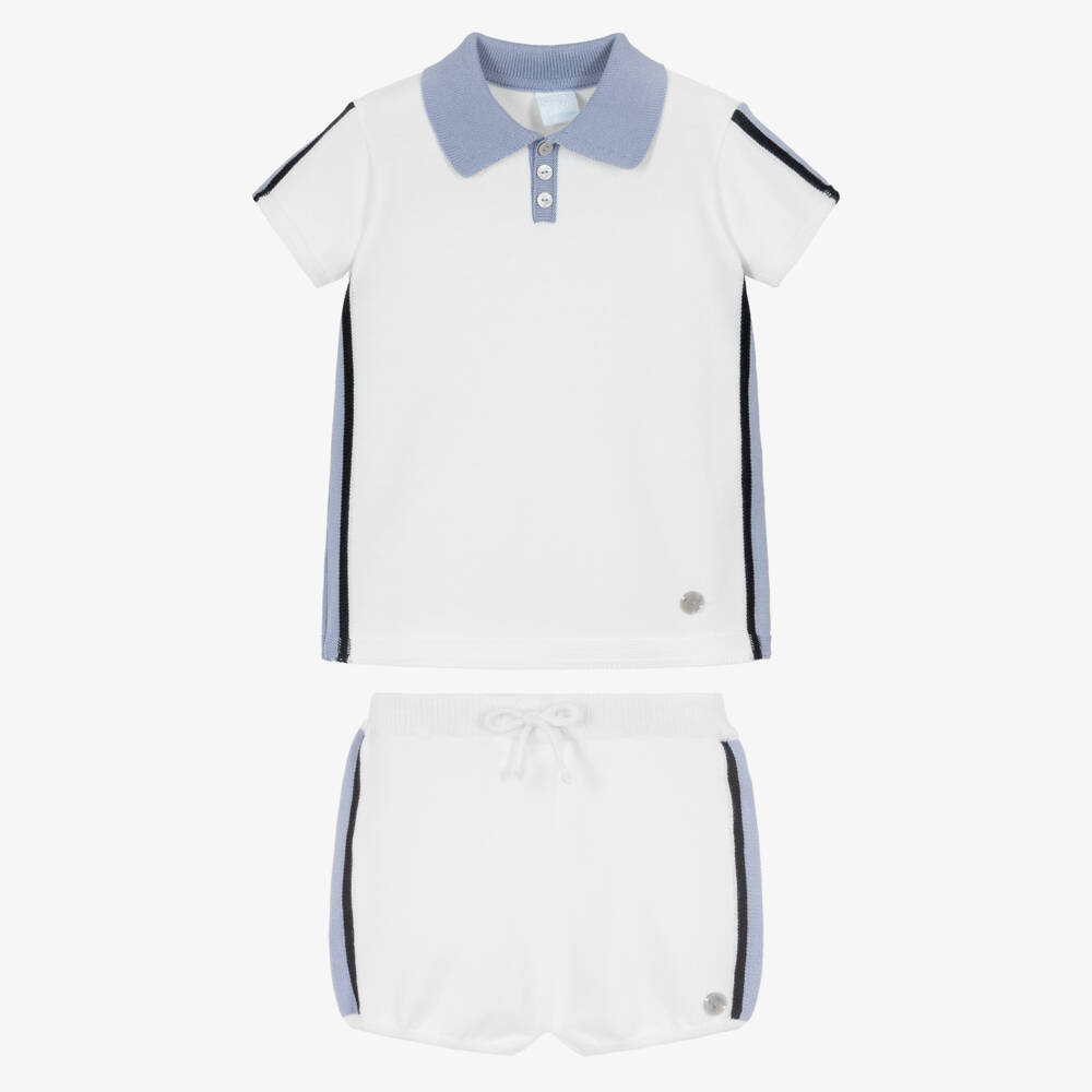 Artesanía Granlei-Boys White & Blue Knitted Shorts Set | Childrensalon