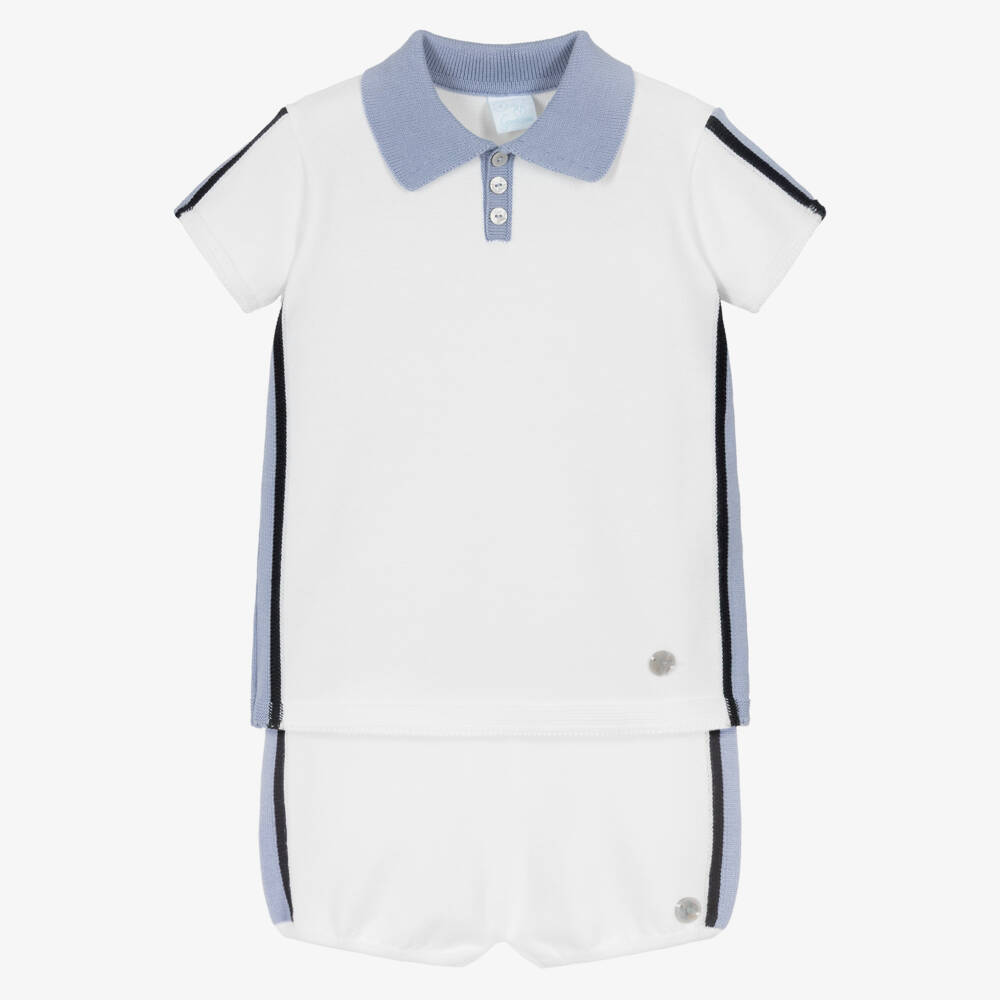 Artesanía Granlei-Boys White & Blue Knitted Shorts Set | Childrensalon