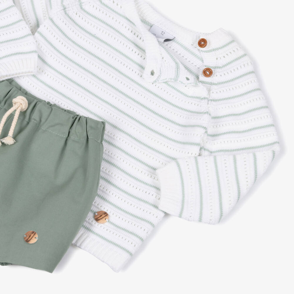 Artesanía Granlei-Boys White & Green Striped Sweater & Shorts Set | Childrensalon