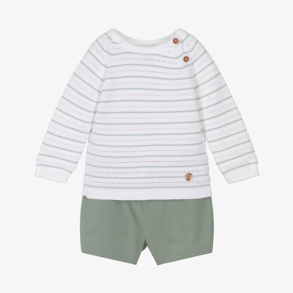 Artesanía Granlei-Boys White & Green Striped Sweater & Shorts Set | Childrensalon