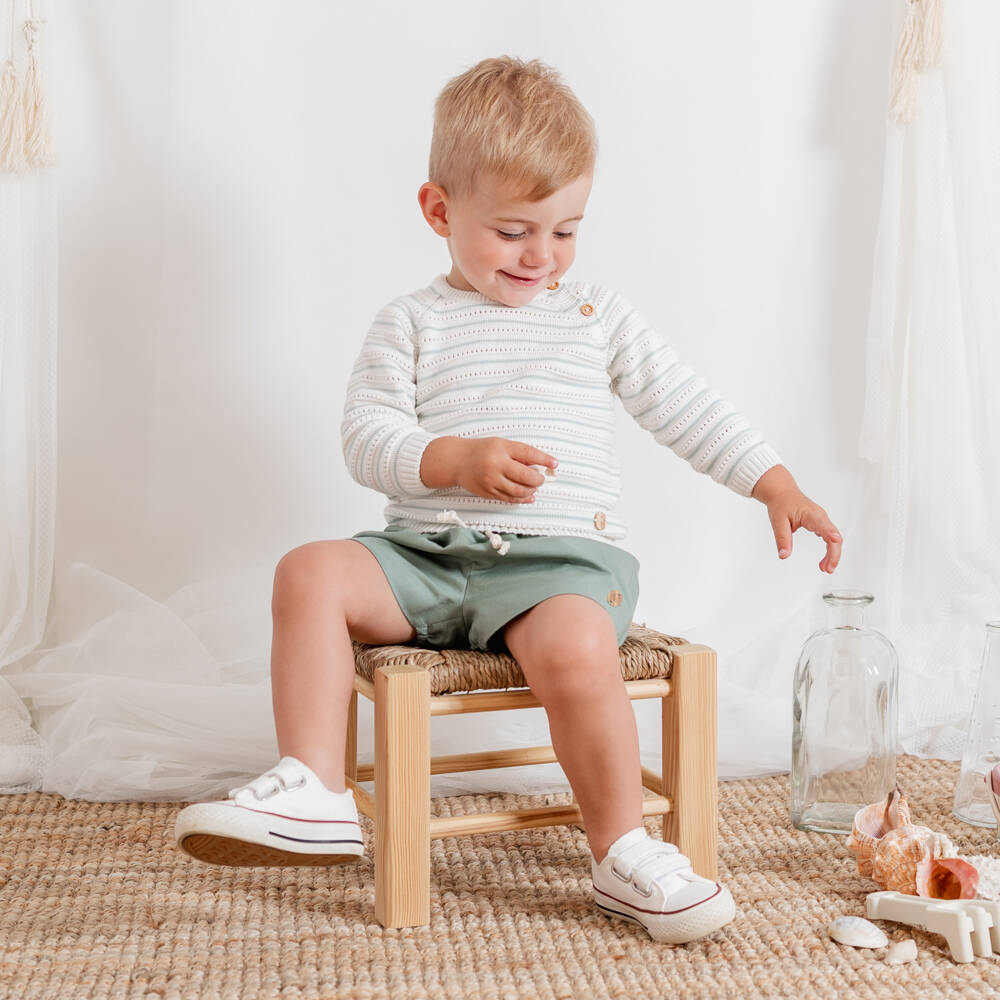 Artesanía Granlei-Boys White & Green Striped Sweater & Shorts Set | Childrensalon