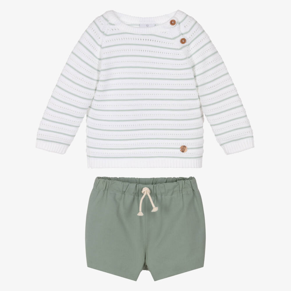 Artesanía Granlei-Boys White & Green Striped Sweater & Shorts Set | Childrensalon