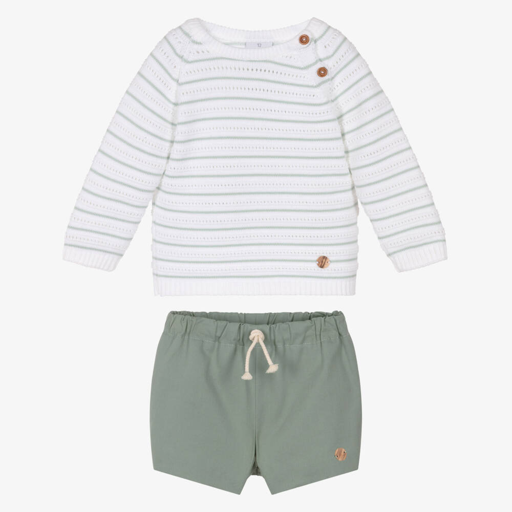 Artesanía Granlei-Boys White & Green Striped Sweater & Shorts Set | Childrensalon
