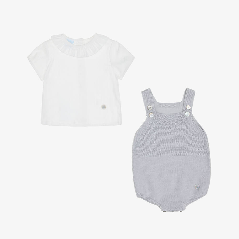 Artesanía Granlei-Boys White & Grey Knitted Babysuit Set | Childrensalon