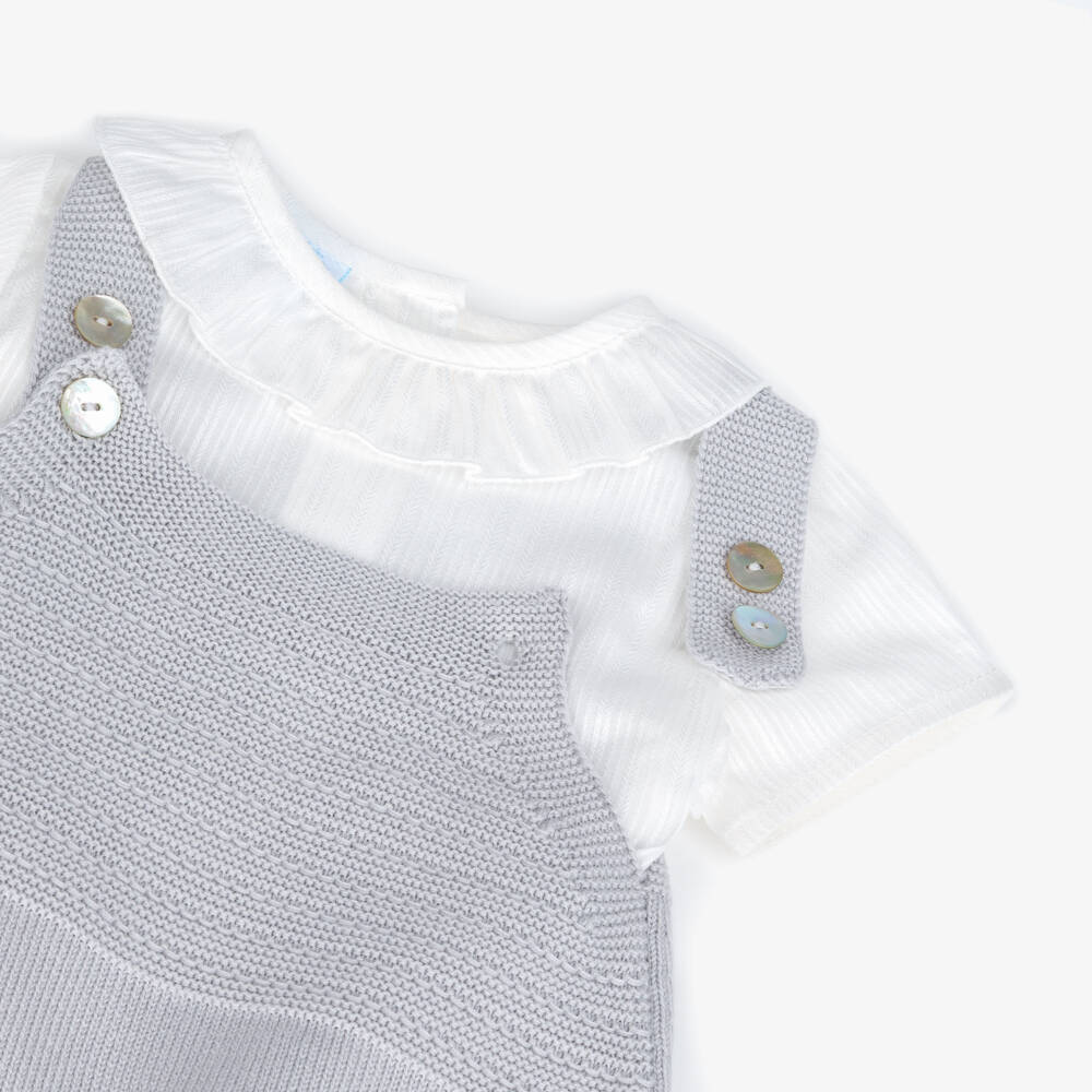Artesanía Granlei-Boys White & Grey Knitted Babysuit Set | Childrensalon