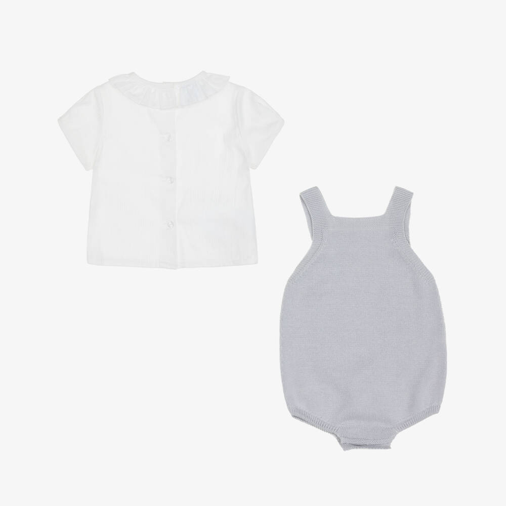 Artesanía Granlei-Boys White & Grey Knitted Babysuit Set | Childrensalon