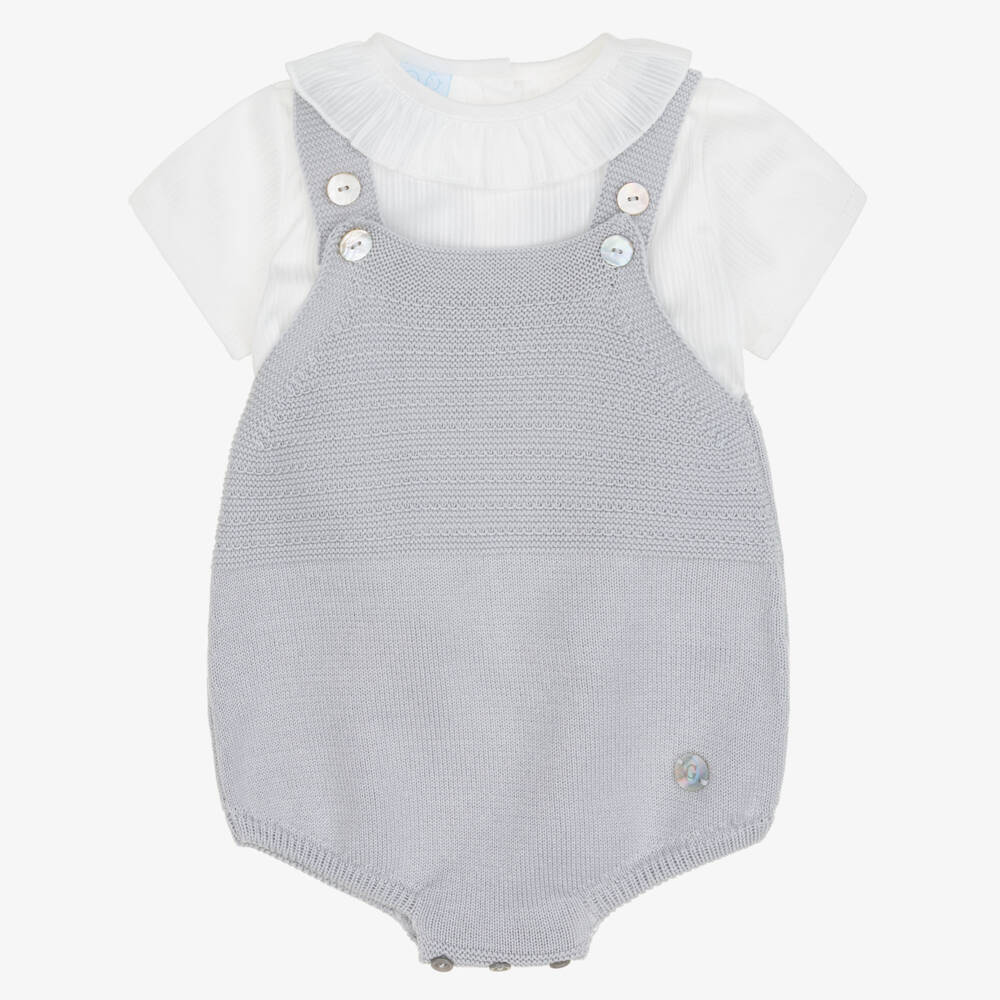 Artesanía Granlei-Boys White & Grey Knitted Babysuit Set | Childrensalon