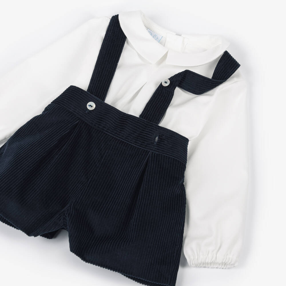 Artesanía Granlei-Boys White & Navy Blue Corduroy Shorts Set | Childrensalon