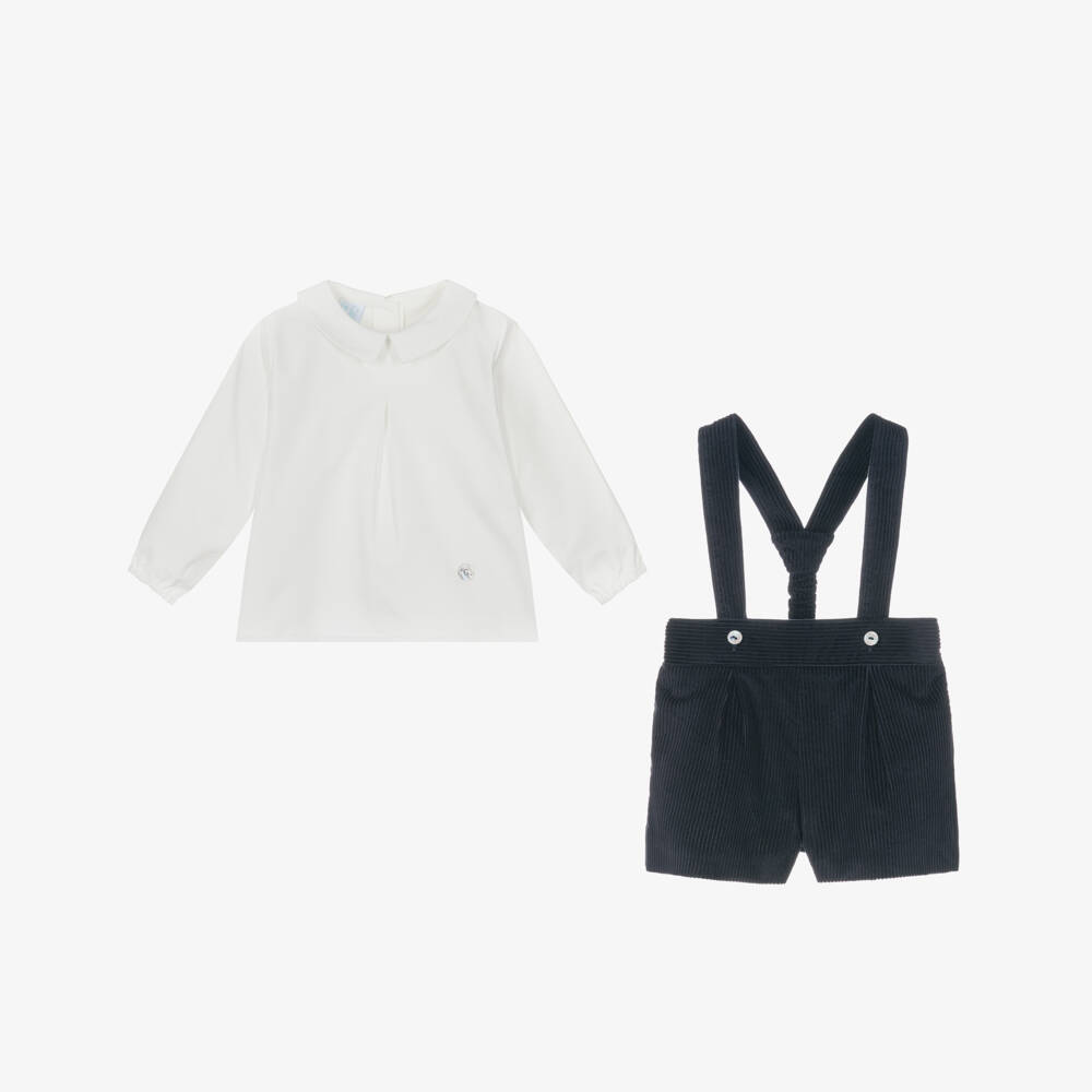 Artesanía Granlei-Boys White & Navy Blue Corduroy Shorts Set | Childrensalon