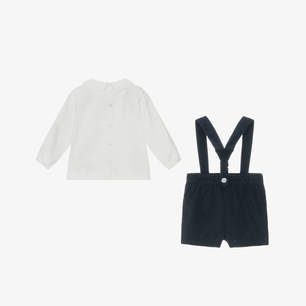 Artesanía Granlei-Boys White & Navy Blue Corduroy Shorts Set | Childrensalon