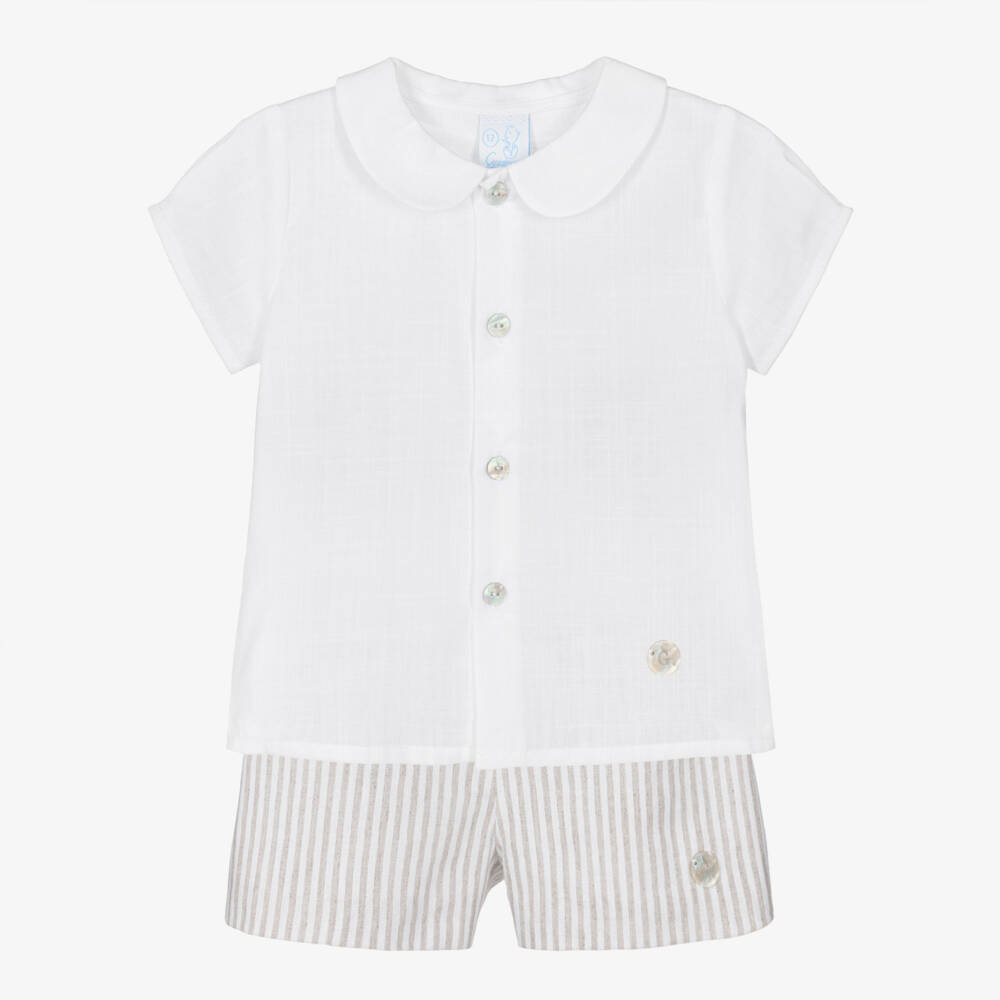 Artesanía Granlei-Boys White Shirt & Beige Striped Cotton Shorts Set | Childrensalon