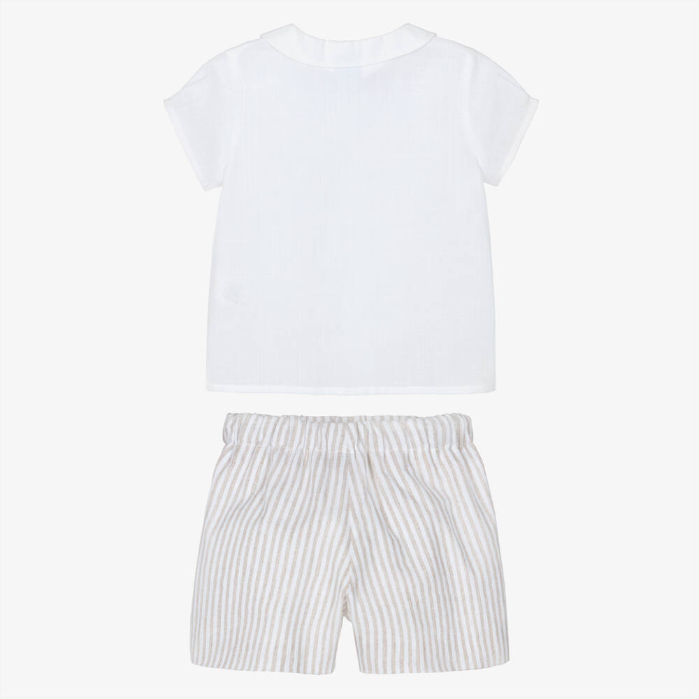 Artesanía Granlei-Boys White Shirt & Beige Striped Cotton Shorts Set | Childrensalon