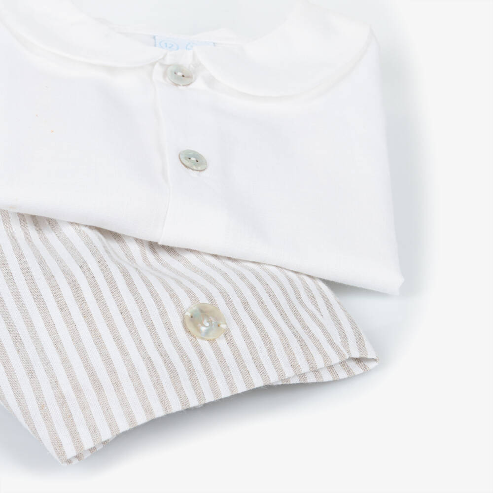 Artesanía Granlei-Boys White Shirt & Beige Striped Cotton Shorts Set | Childrensalon
