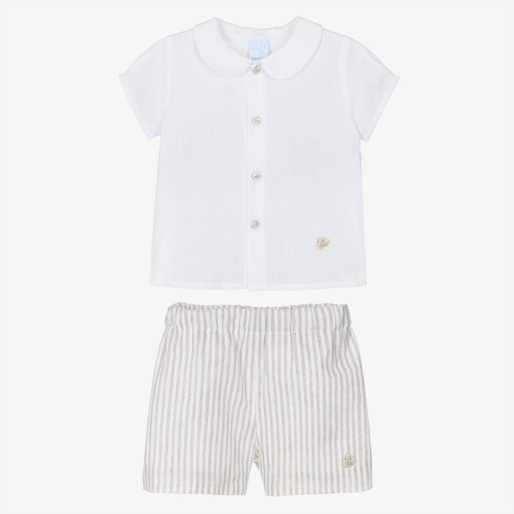 Artesanía Granlei-Boys White Shirt & Beige Striped Cotton Shorts Set | Childrensalon
