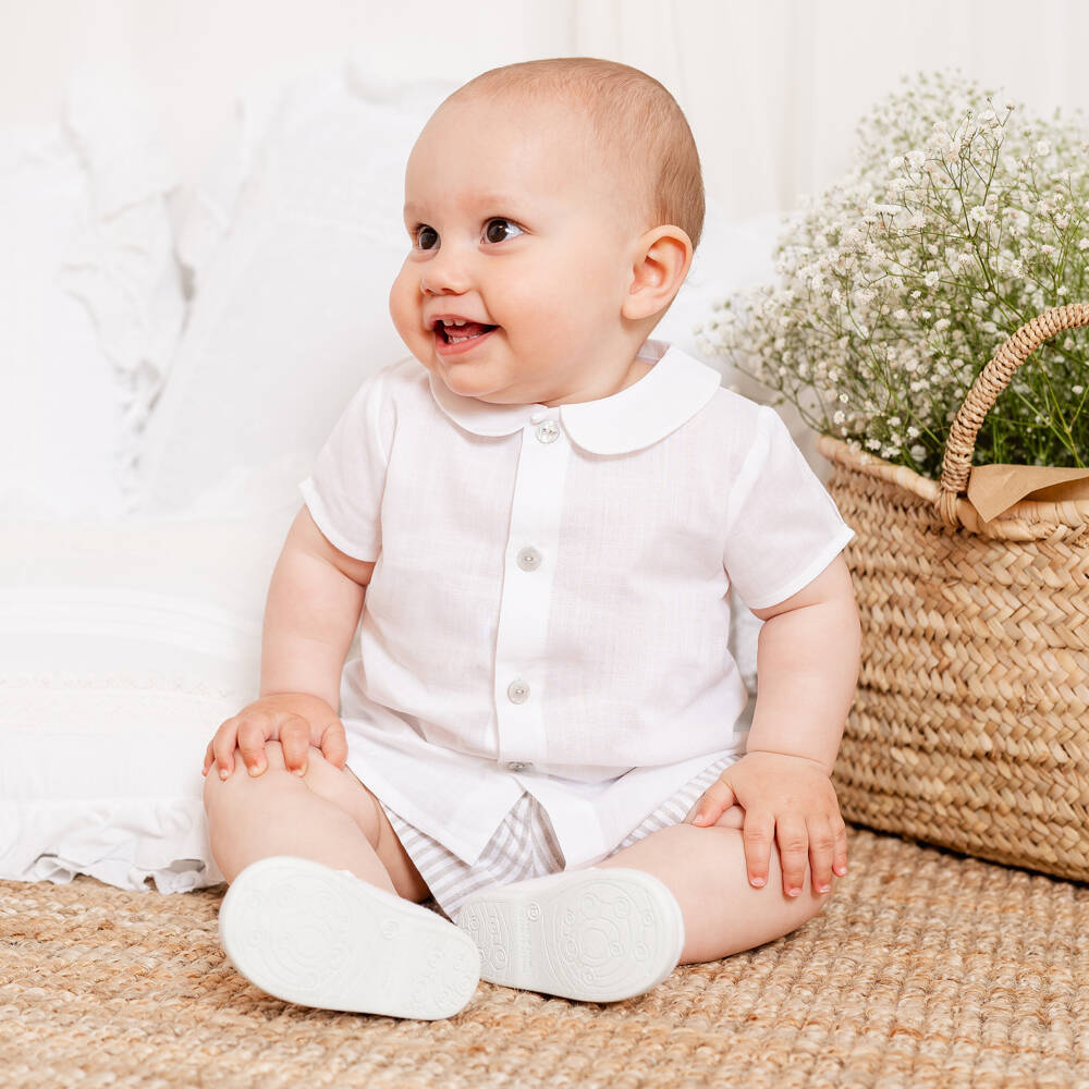 Artesanía Granlei-Boys White Shirt & Beige Striped Cotton Shorts Set | Childrensalon