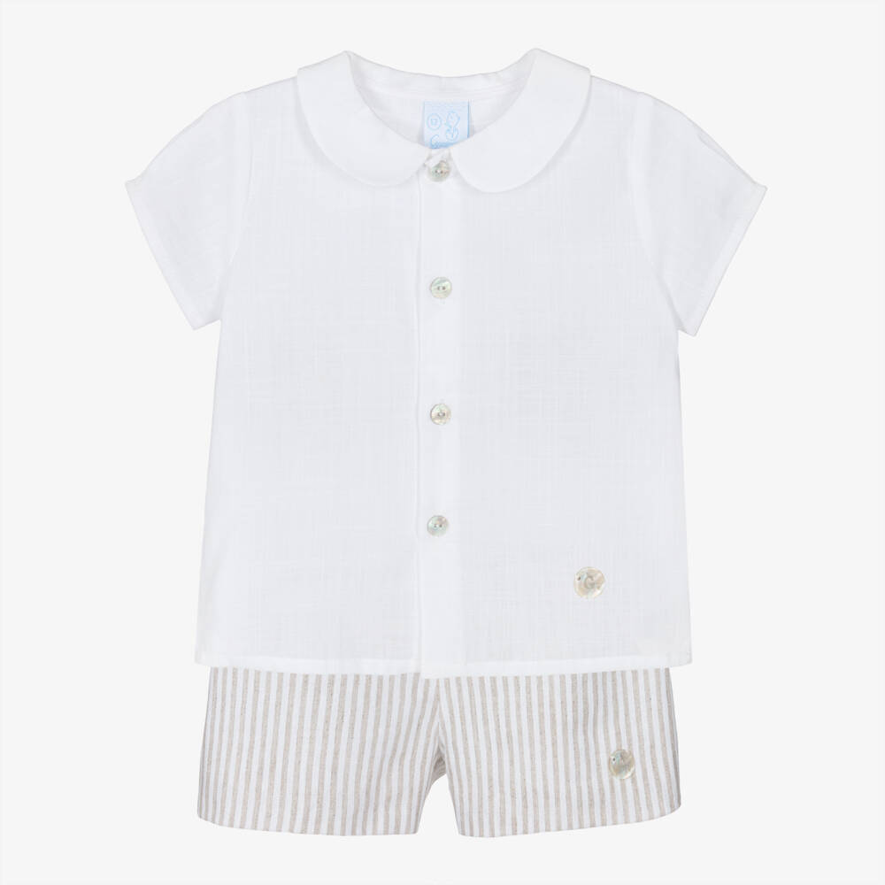 Artesanía Granlei-Boys White Shirt & Beige Striped Cotton Shorts Set | Childrensalon