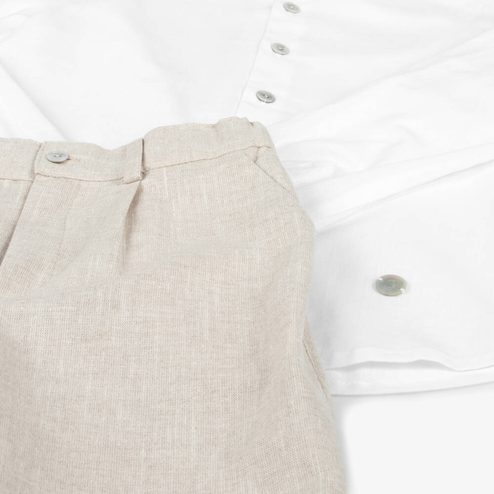 Artesanía Granlei-Boys White Shirt & Beige Trouser Set | Childrensalon